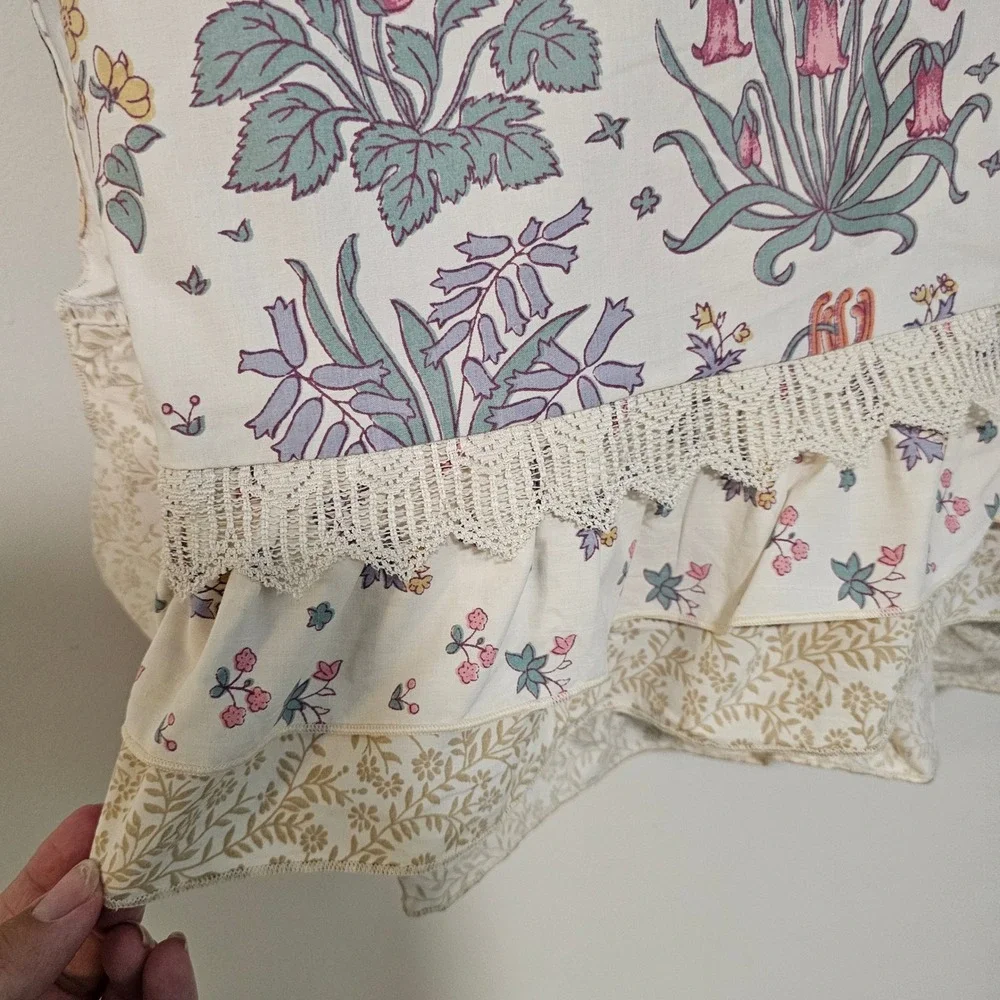 Vintage Liberty London Martex Flat Sheet Full Cream Floral Lace Ruffle Cottage
